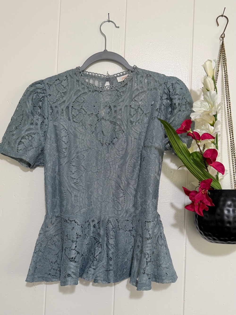 Lace Peplum Blouse in Dusty Blue